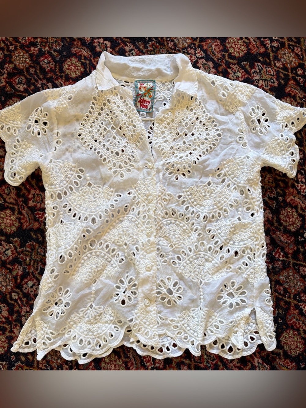 Johnny Was White Eyelet Cutwork Button-Down Shirt